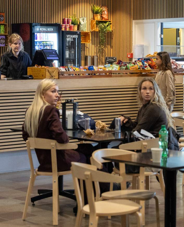 Café Gro med gæster, caféområde og udvalg af mad og drikke